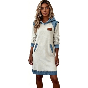 Robe sweat à capuche en jean pour femme - Tunique à manches longues avec poches plaquées - Robes tendance pour femme - Product Image 1