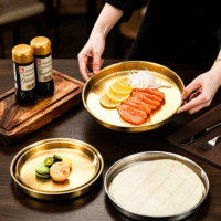 Assiette à dessert et à fruits FLEY de style coréen, minimaliste moderne, en acier inoxydable, dorée, biodégradable, à fond plat et épaissi, pour usage commercial
