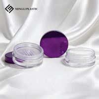 Boîte de poudre libre transparente violette en gros de l'usine Mingli, pot rond cosmétique de 15g avec tamis en maille élastique, option de logo personnalisé