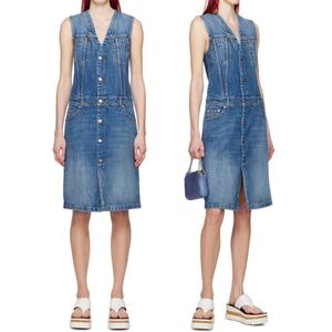Robe midi en jean pour femme, sans manches, bleu, à empiècements, col en V, fente centrale, fermeture boutonnée, en coton, style mode estivale - Product Image 6
