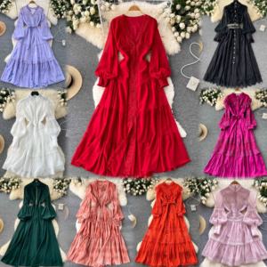 Ropa de mujer mixta y combinada de gama alta Nuevos vestidos para adultos con patrón floral de ganchillo y decoración de encaje para la primavera - Product Image 1