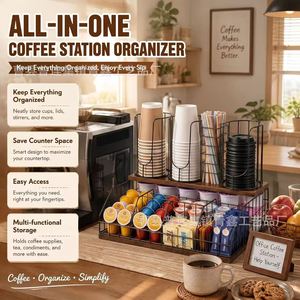 Organizador de café de hierro de 2 niveles, estante de metal y madera para tazas, cápsulas, bolsitas de té, almacenamiento para oficina y hogar. - Product Image 1