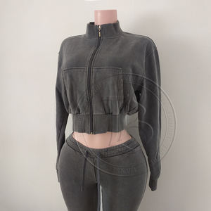 2026女式两件套裁剪连帽衫套装XS码高领罗纹水洗运动服定制标志字母图案加运动服 - Product Image 6