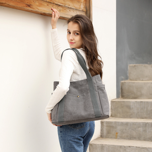 Gray Canvas <b>Women</b> <b>Messenger</b> <b>Bag</b> Tote Shoulder Handbag Zipper Closure Large Capacity Polyester Lining for Daily Travel Shopping - Product Image 4