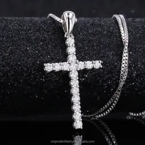 Customized Cross Round Brilliant Cut Lab Grown Diamond 10K White Gold Pendant Necklaces