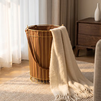 Panier à linge de luxe en métal et cuir avec poignée, forme ronde, pour l'organisation et le rangement à domicile