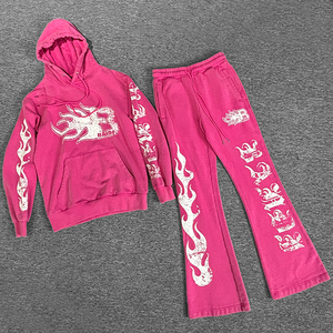 Chándal lavado con ácido, logotipo bordado desgastado, chándal de 450gsm para hombre, acampanada y pantalones de chándal Sudadera con capucha, conjuntos de chándales con cremallera - Product Image 3