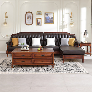 American Retro Genuine Leather L-Shaped <b>Sofa</b> Set With Storage For Living Room - Product Image 1