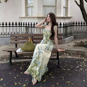 Beyouare 2026 New Monet Green Garden Dress Empire Waist Square Collar Floral Print Long Casual Dress For Travel Leisure - Product Image 3