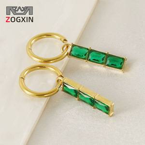 Emerald Earrings Hoop Earrings 18K Gold Plated Channel Setting Geometric Design For Women - Product Image 2