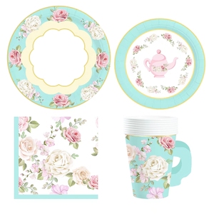 ชุดถ้วยน้ำชา จานรอง กระดาษเช็ดปาก ถ้วยชาและจานรองพร้อมหูจับ สำหรับงานเลี้ยงวันเกิดเจ้าหญิง ตกแต่งงานฉลองวันเกิดเด็ก ลายดอกไม้ - Product Image 3