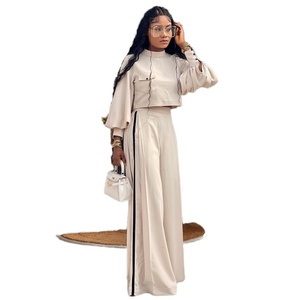2025 Summer New Women's Casual Suit European American Style Solid Plus Size Loose Half-High Collar Long-Sleeved Wide Leg <b>Pants</b> - Product Image 6