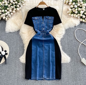 Robe pour femmes, <span class=keywords><strong>vêtements</strong></span> pour femmes sur mesure, nouvelle robe en denim à col rond et manches courtes, robe décontractée tendance pour femmes - Product Image 3