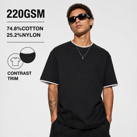 T-shirt décontracté personnalisable pour homme, col rond, manches courtes, en coton/nylon, 220 g/m², tricoté, rayé, avec bordures contrastées, vierge