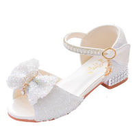 Sandales à talons avec nœud en sequins et bride cheville - Chaussures de soirée à talon carré ornées de strass pour enfants