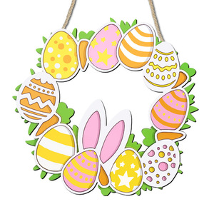 Easter Cartoon Bunny <b>Egg</b> Wreath Wooden Hanging <b>Decoration</b> For Indoor Door Party Easter Decor Round Boxwood Design - Product Image 3