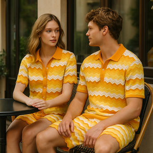 BSCI Certificación Suéter Fabricante Personalizado Hombres 100% Algodón Onda Rayas Crochet Crdigan Y Pantalones Cortos Suéter Conjuntos Para Verano - Product Image 4