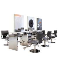 Meuble de rangement de salon de coiffure tendance avec miroir éclairé double face en métal – Station de coiffage et de coloration pour salons de coiffure