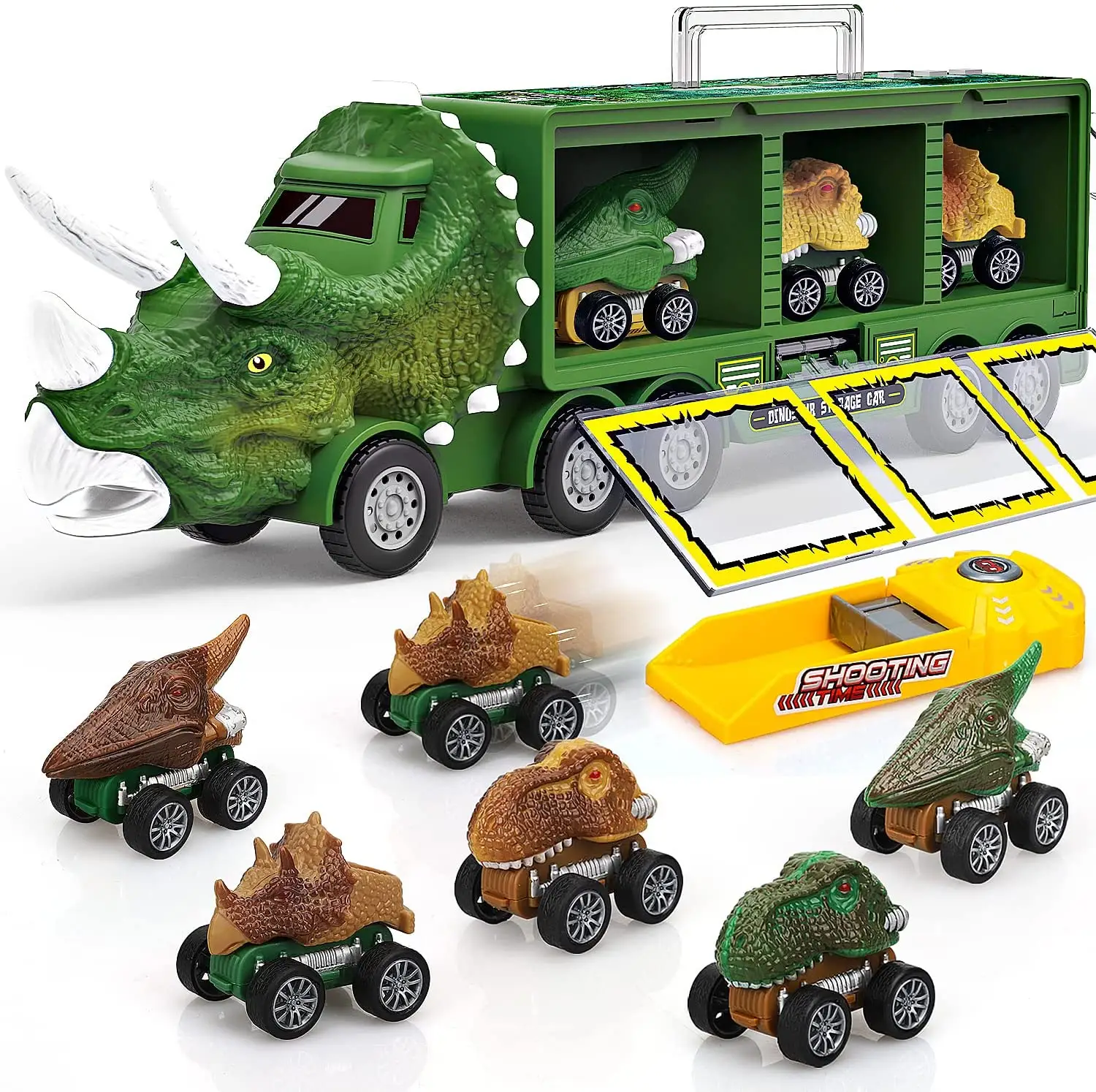 High Speed Launcher Dinosaur Transport Storage Truck with 6 Pull Back Inertia Dinosaur Cars Dino Toys for Kids Boys and Girls