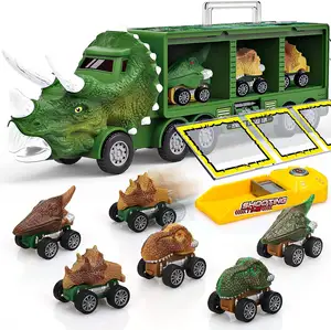 아이 소년과 소녀를 위한 6 개의 잡아당기기 뒤 관성 공룡 차 디노 장난감을 가진 고속 발사기 공룡 수송 저장 트럭
