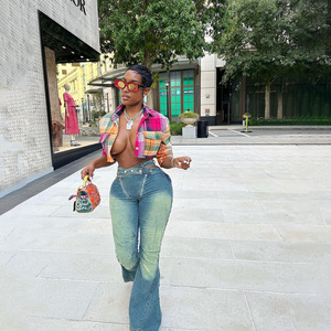 Venta al por mayor Casual gradiente corto camiseta de lana Polo blusa para las mujeres apuntalado blusa <span class=keywords><strong>a</strong></span> <span class=keywords><strong>cuadros</strong></span> Crop Top <span class=keywords><strong>camisa</strong></span> de las mujeres Polos - Product Image 2