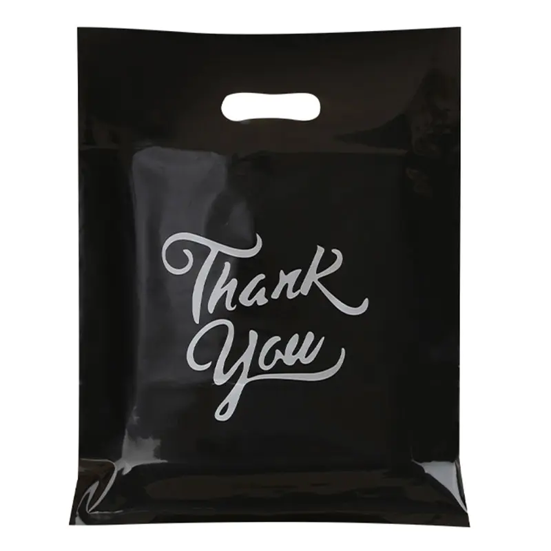 31*38CM 블랙 비닐 봉투 제조 업체 도매 Ldpe 다이 컷 캐리어 가방 감사합니다 플라스틱 쇼핑 가방 로고