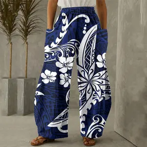 Nuevo 1 MOQ estampado de Hawai las mujeres de las Islas del Pacífico pantalones polinesio Polinesia Tribal Palazzo pantalones Plus tamaño largo pantalones de pierna ancha