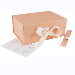 カスタムロゴ高級ローズゴールド折りたたみ段ボールギフトボックス結婚式の提案のためのリボン付き誕生日磁気閉鎖包装ボックス