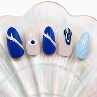 Faux ongles à presser tendance, longs, forme amande, motif œil abstrait, finition brillante, mélange bleu nude, pour usage quotidien et soirées
