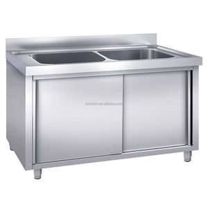 Stainless Steel Commercial Double Bowl Sink with Sliding Storage Cabinet - Product Image 4