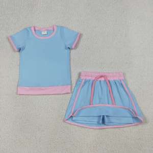 GSD3671 Nouveauté Ensemble Yoga Fille Enfant Été Manches Courtes Imprimé Bleu Ciel Jupe et Haut Vente en Gros - Product Image 6