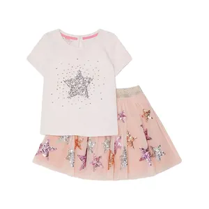 Custom 2-14T Kids Casual Suit Cute Star Sequin Patch Short Sleeve T-shirt And Skirt Sets