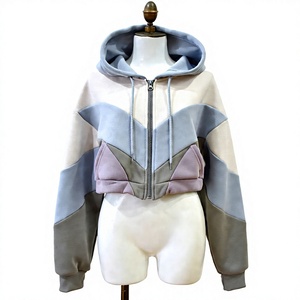 Women's Color Block <b>Cropped</b> <b>Zip</b> <b>Up</b> Hoodie Oversized Fleece Sweatshirt Casual Streetwear Long Sleeve Hooded Jacket - Product Image 1
