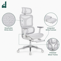 Chaise de bureau ergonomique moderne pivotante entièrement en maille à dossier haut avec repose-pieds, blanche, capacité de charge 150 kg, hauteur de siège réglable