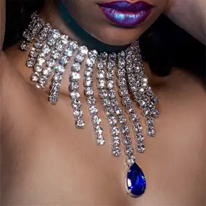 Fashion Rhinestone Long Tassel Ladies Exaggerated Sapphire Drop Pendant Large Necklace Body Jewelry