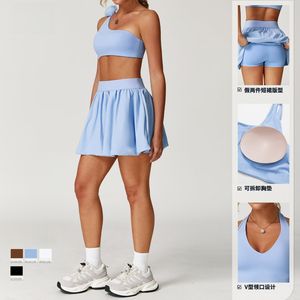 2024 yeni kadın bir omuz spor sutyen egzersiz tenis etekler şort hafif dahili yelekler aktif setleri tenis aşınma - Product Image 2