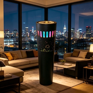 Fontaine d'eau moderne noire sur pied avec lumières LED colorées et découpes florales, élément aquatique d'intérieur pour la décoration de la maison et du bureau - Product Image 2