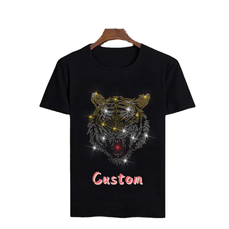2021 Custom High Quality Luxury Brand Men 3D Rhinestones Graphics Black T Shirts Cotton 100% Animal T Shirts