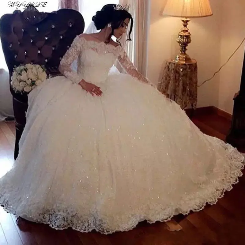 2022 Luxury Beaded High Neck Ball Gown Muslim Long Sleeve Wedding Dress