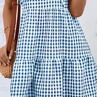 Robe mini à volants en gingham pour femme, sans manches, col rond, décontractée, à carreaux, pour l'été