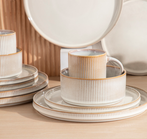 Juego de Vajilla de Cerámica de 16 Piezas, Estilo Rústico Moderno con Rayas Verticales, Esmalte Reactivo, Apto para Microondas, Platos, Tazones y Tazas - Product Image 4