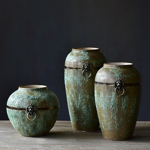 Bixuan <strong>Vases</strong> Green Retro Distressed Ceramic Jar <strong>Vase</strong> Unique Brass Ring Decor Art Porcelain <strong>Vases</strong> Table Centerpieces <strong>Set</strong> of <strong>3</strong> - Product Image 6