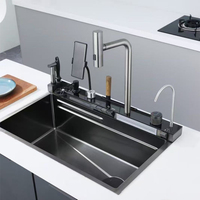Évier de cuisine intelligent moderne en acier inoxydable nano multifonctionnel avec cascade et support pour téléphone