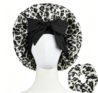 Topi Tidur Satin Motif Leopard Tahan Air Hangat Model Panjang dengan Pita Elastis Lebar untuk Wanita