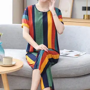 Хлопковая Пижама комплект женская летняя тонкая полосатая Цветочная Повседневная Свободная