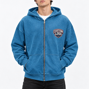 Sweat-shirt à capuche zippé pour homme avec logo personnalisé, bleu vintage, fermeture éclair intégrale et poche kangourou - Product Image 1