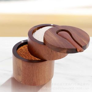Wooden Double Layer Spice <b>Jar</b> With Spoon Airtight <b>Kitchen</b> Seasoning Container <b>For</b> Salt Sugar <b>Storage</b> - Product Image 2