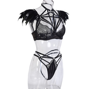 Autumn New Arrival Women's Sexy Polyester Polyester Two-Piece Set Feathers Lace Hollow Complex Craftsmanship Suit Shaper - Product Image 3