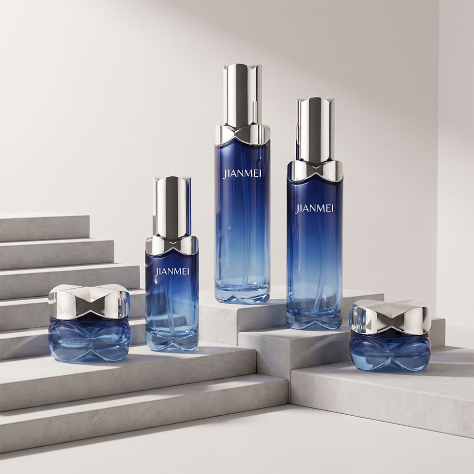 ODM OEM Gradient Deep Blue Glass Cream Jar Lotion Bottle Set with ...