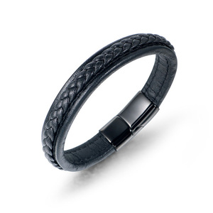 Minimalist <b>Titanium</b> Steel Woven Bracelet Black Leather Magnetic Clasp Men's Jewelry Accessory CE547 - Product Image 1